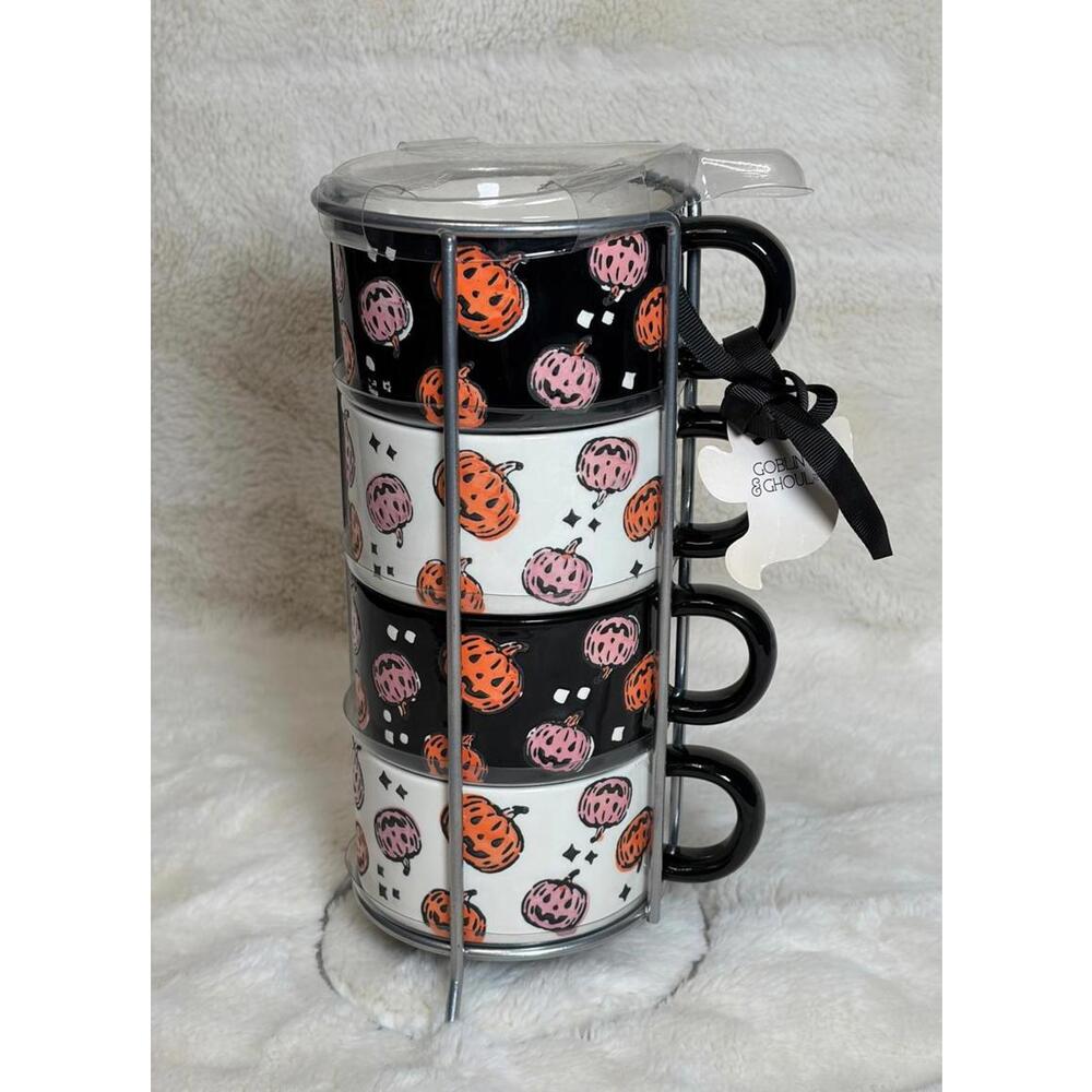 Goblin & Ghouls Pumpkin Stacking Mug Set – Halloween Coffee Tea Cups with Stand